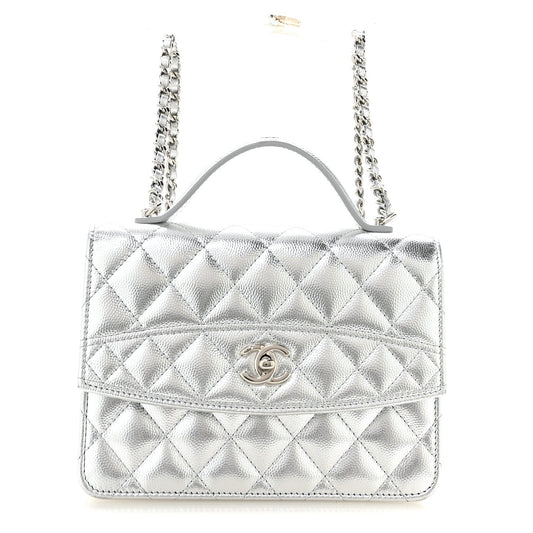 Metallic Caviar Quilted Top Handle Wallet on Chain WOC Silver