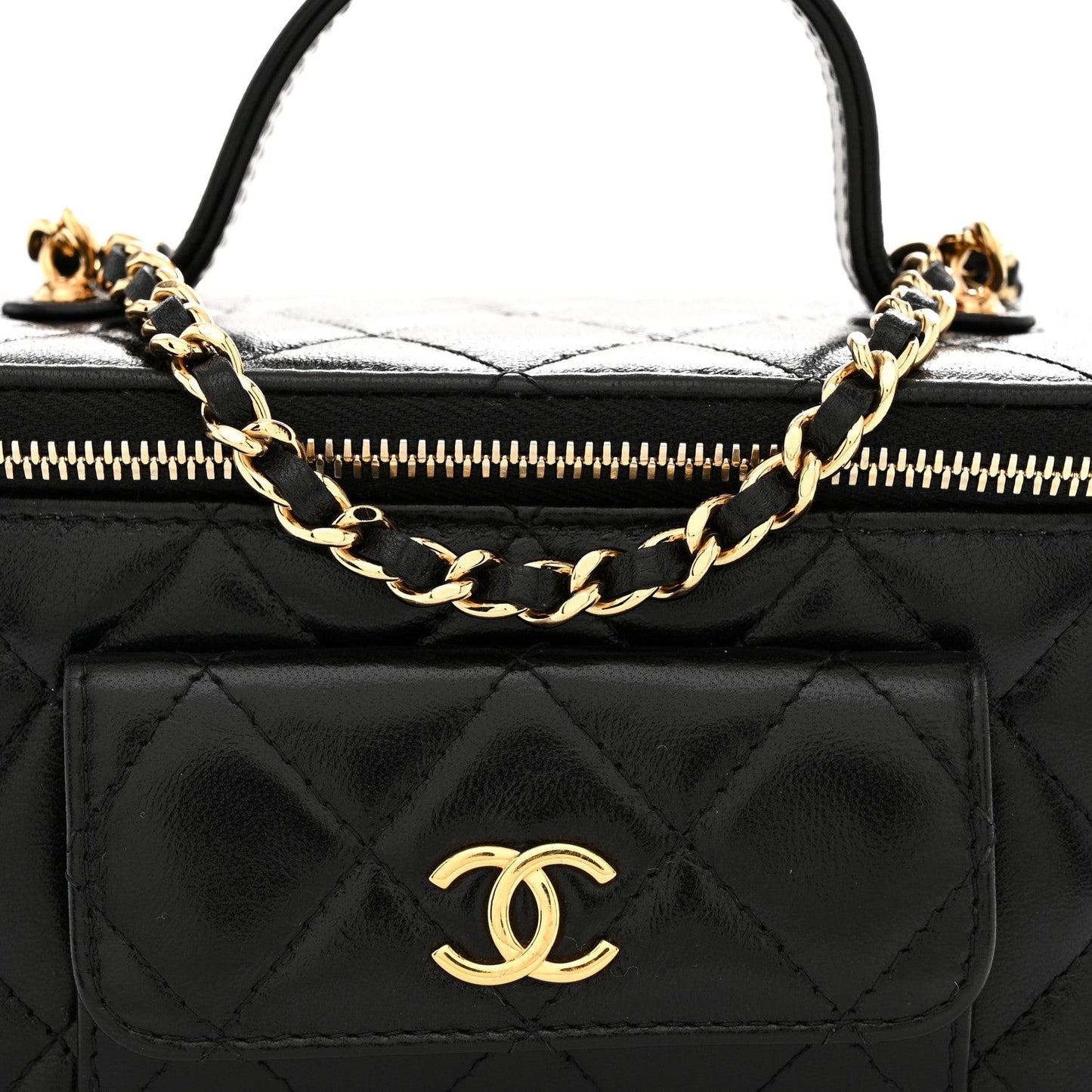 Lambskin Quilted Polly Pocket East West Top Vanity With Chain Black