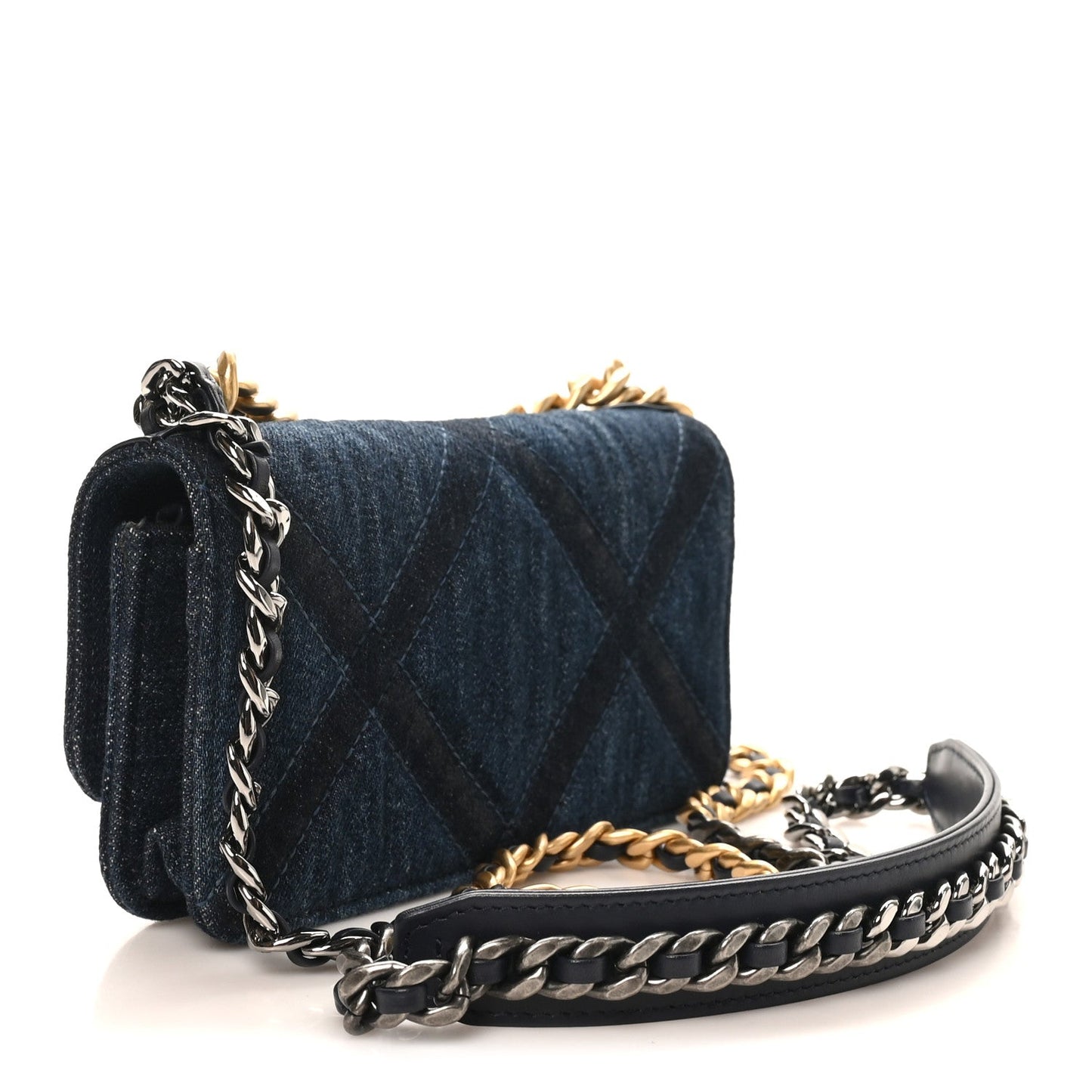 Denim Quilted Chanel 19 Flap Phone Holder With Chain Blue