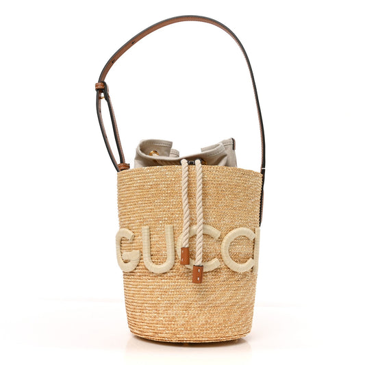 Straw Calfskin Small Logo Bucket Bag Natural Tan