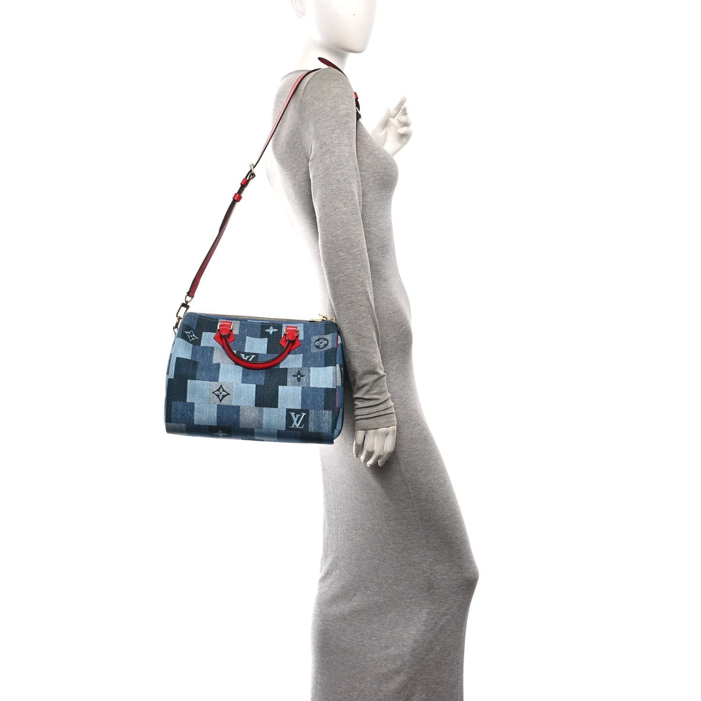 Denim Damier Monogram Patchwork Speedy Bandouliere 30 Blue Rouge