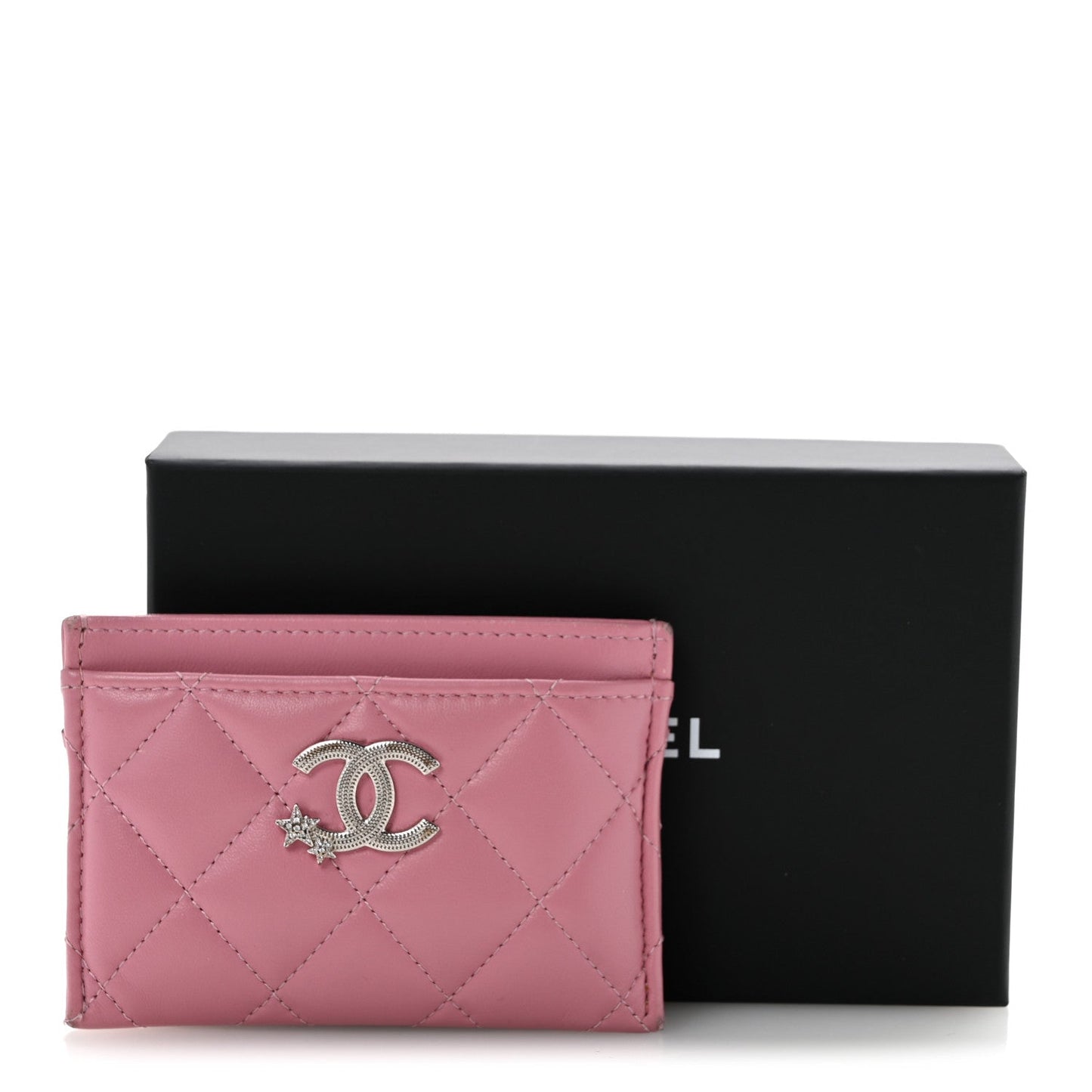 Lambskin Quilted Crystal Star Card Holder Pink