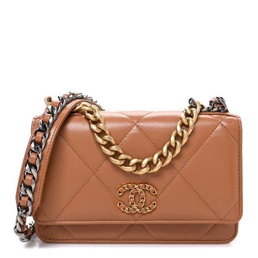 Lambskin Quilted Chanel 19 Wallet On Chain WOC Brown