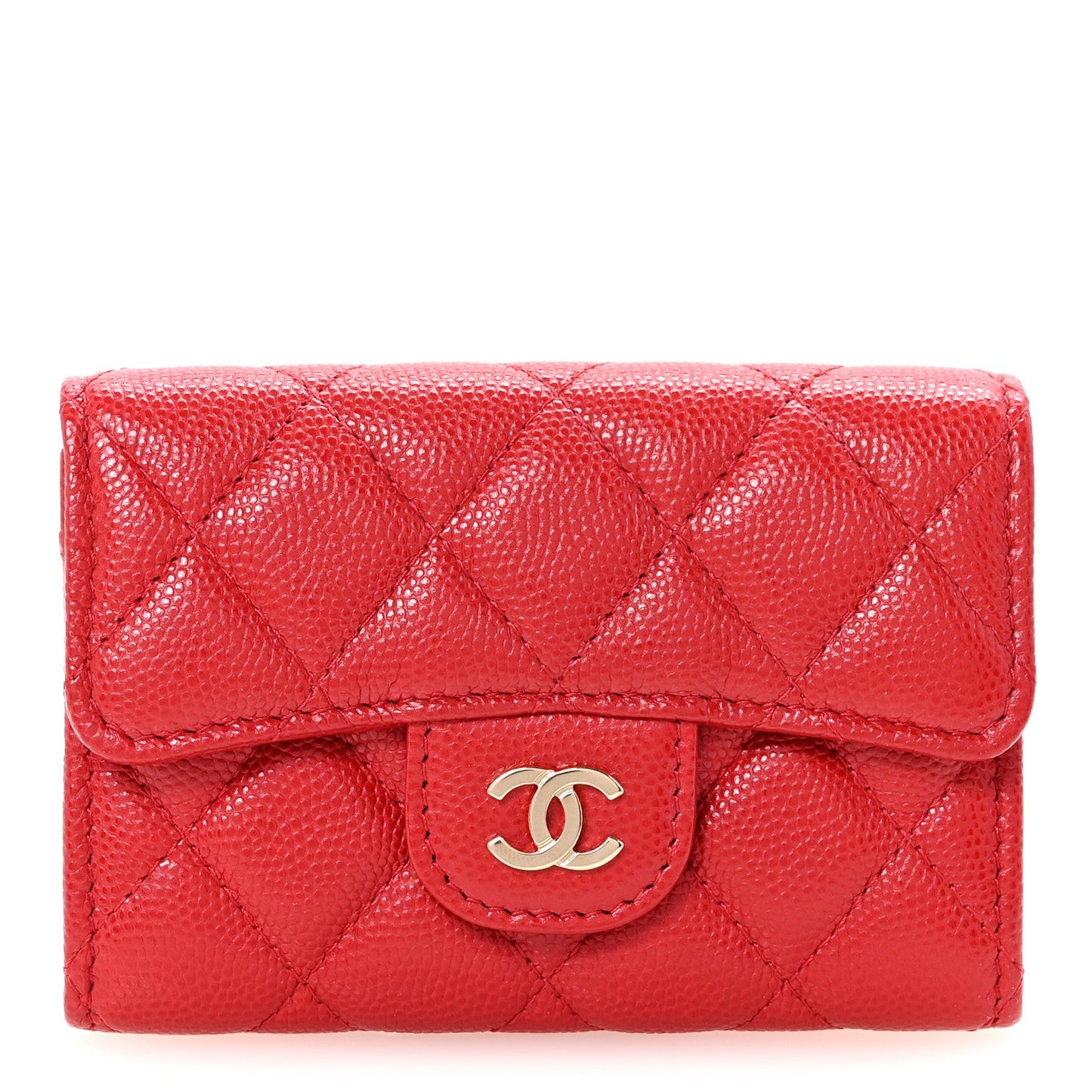 Caviar Quilted Flap Card Holder Wallet Red