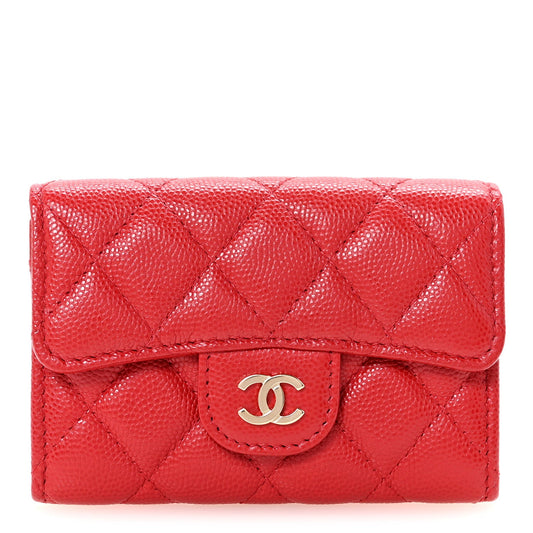 Caviar Quilted Flap Card Holder Wallet Red