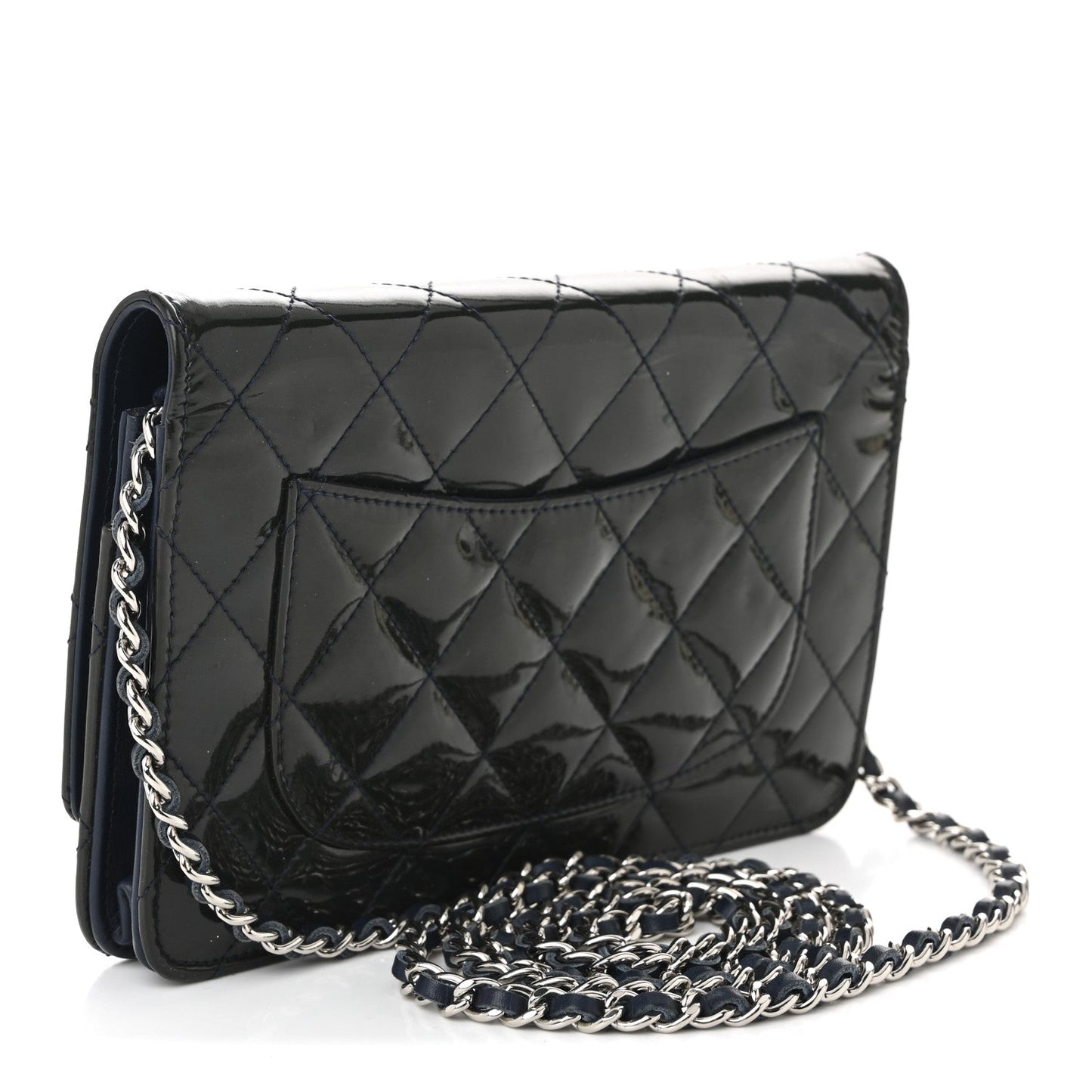 Patent Quilted Wallet On Chain WOC Navy Blue