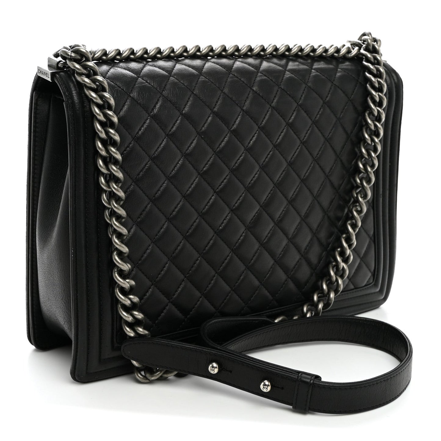 Calfskin Quilted Large Boy Flap Black