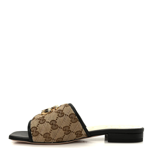 Monogram Matelasse Diagonal GG Marmont Flat Slide Sandals 35 Beige Ebony Black