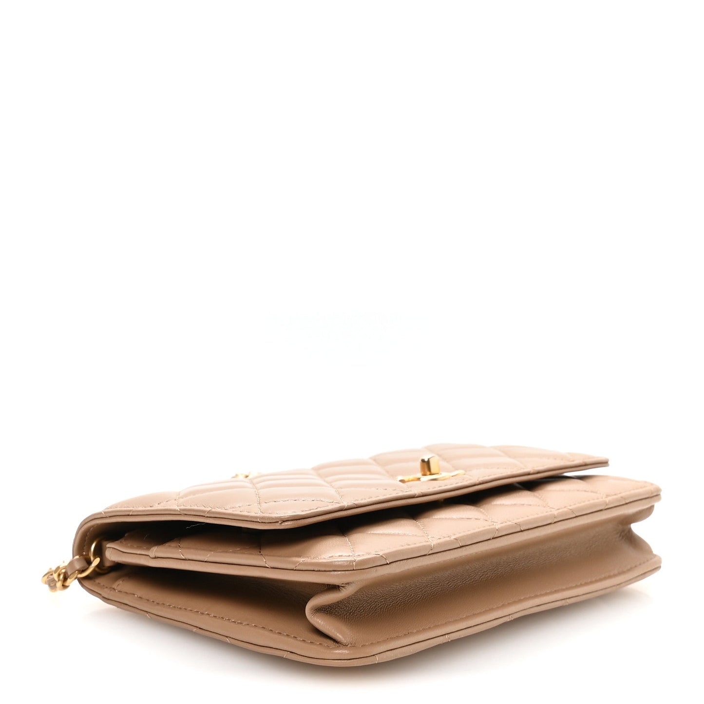 Lambskin Quilted CC Pearl Crush Wallet on Chain WOC Beige