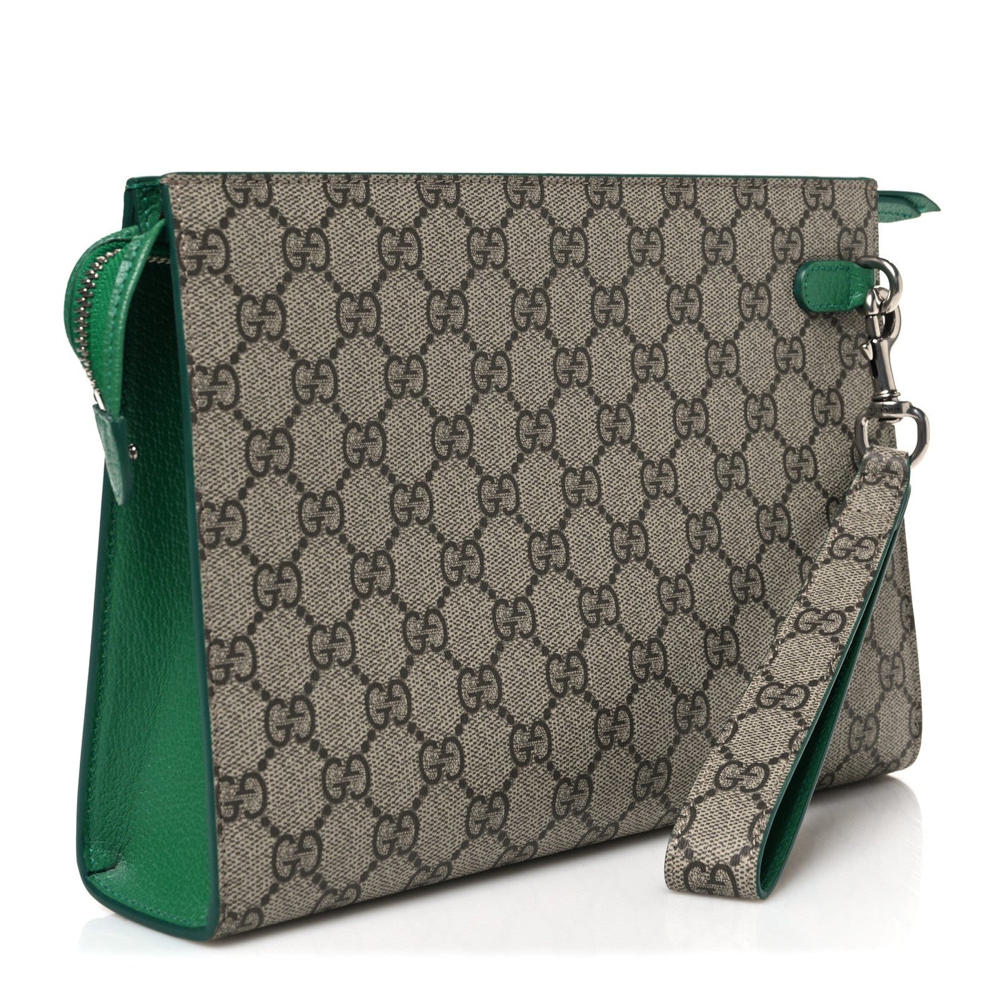 GG Supreme Monogram Bi-Color Small Zip Wristlet Pouch Beige Ebony Green