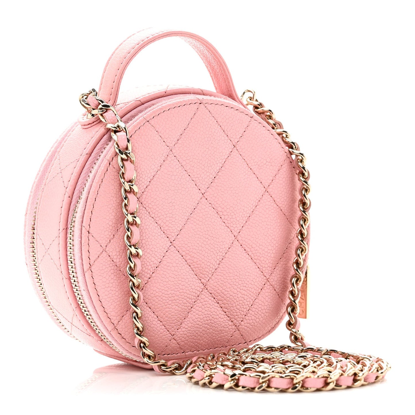 Caviar Quilted Round Handle With Care Vanity With Chain Pink