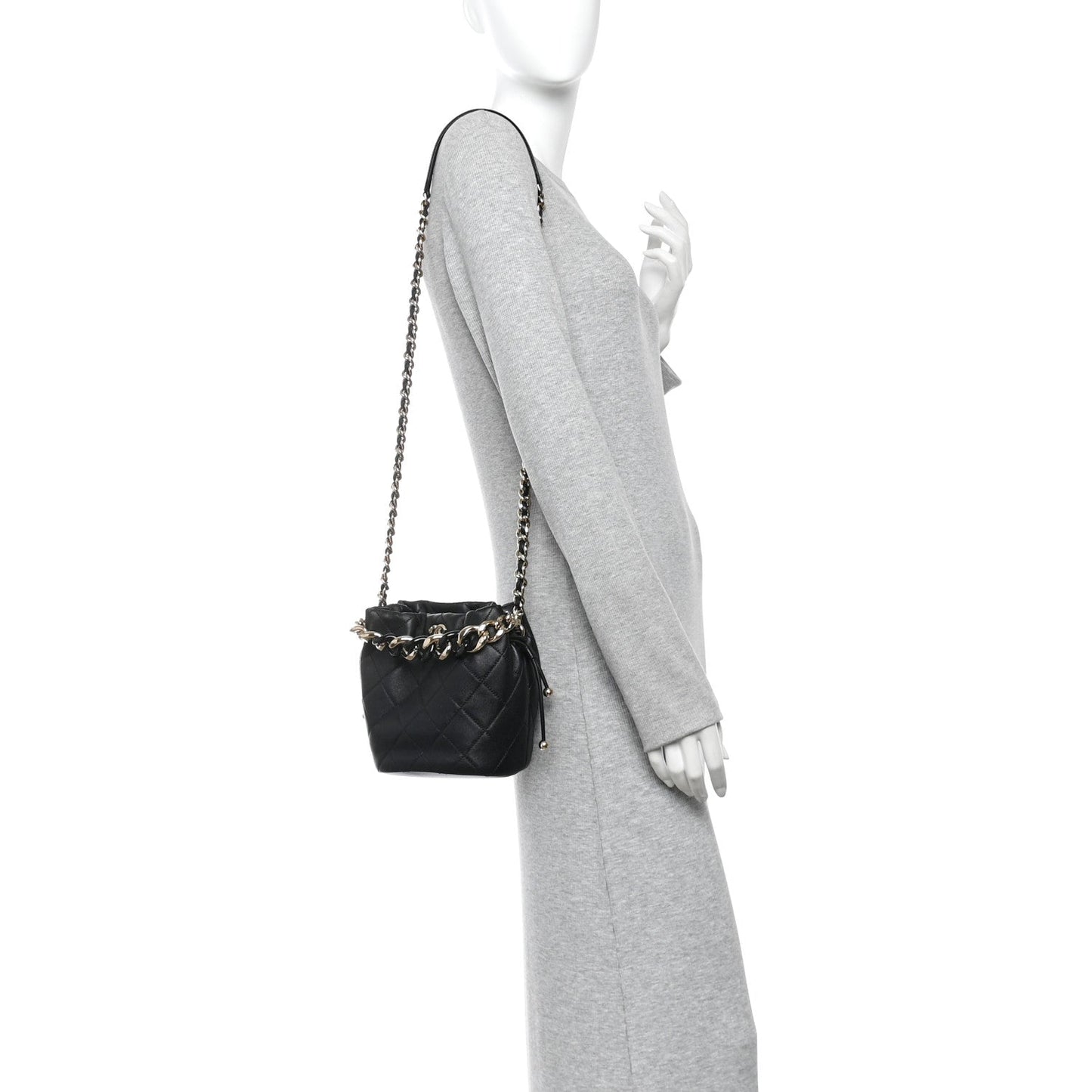 Lambskin Quilted Resin Bi-Color Chain Bucket Bag Black