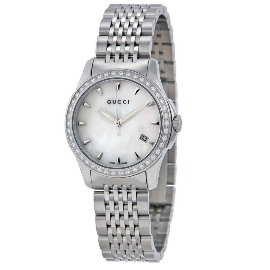 Gucci G Timeless Diamonds Mother of Pearl Dial Silver Steel Strap Watch For Women - YA126506