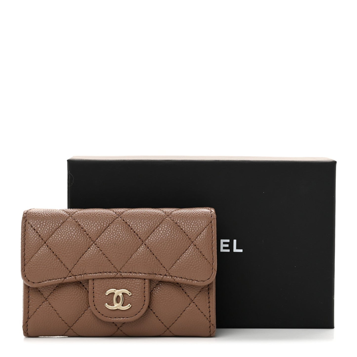 Caviar Quilted Flap Card Holder Wallet Brown