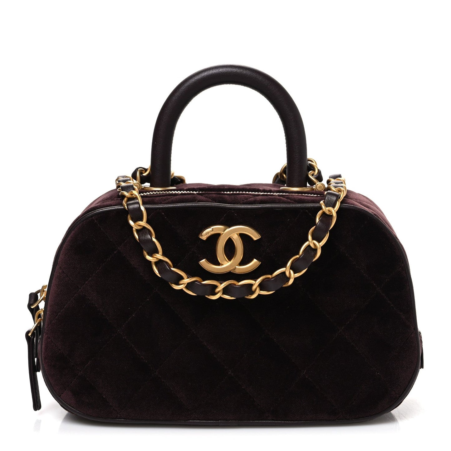 Velvet Quilted Top Handle Mini Bowling Bag Dark Brown