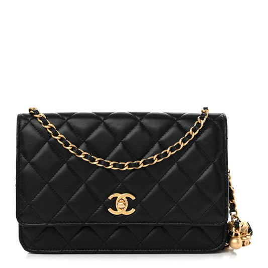 Lambskin Quilted CC Pearl Crush Wallet on Chain WOC Black