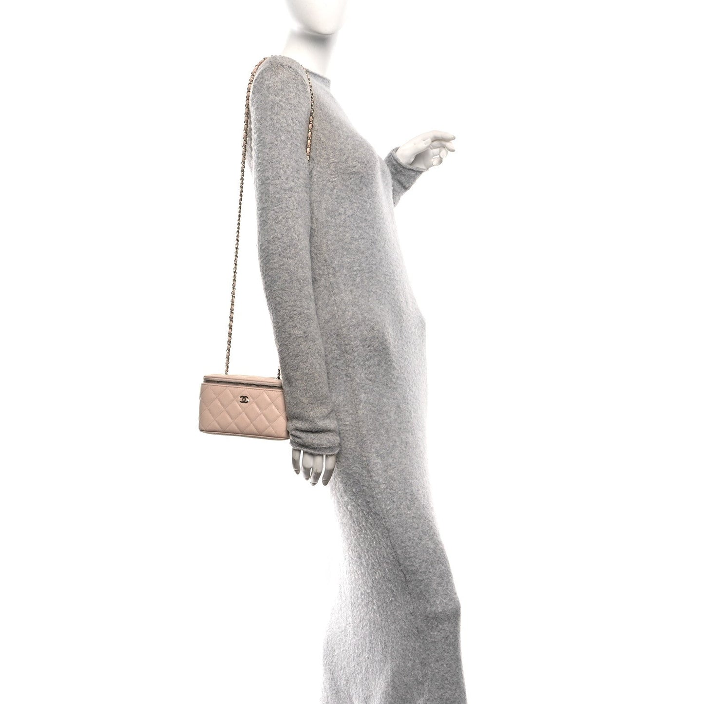 Caviar Quilted Small Vanity Case With Chain Light Beige
