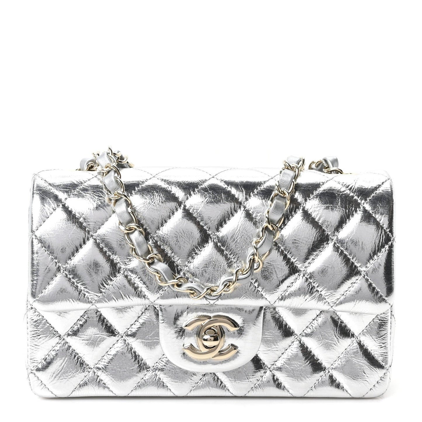 Hammered Metallic Calfskin Quilted Small Double Flap Silver