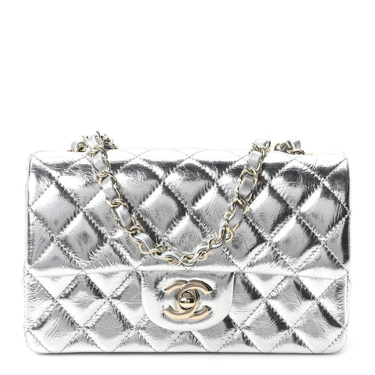 Hammered Metallic Calfskin Quilted Small Double Flap Silver