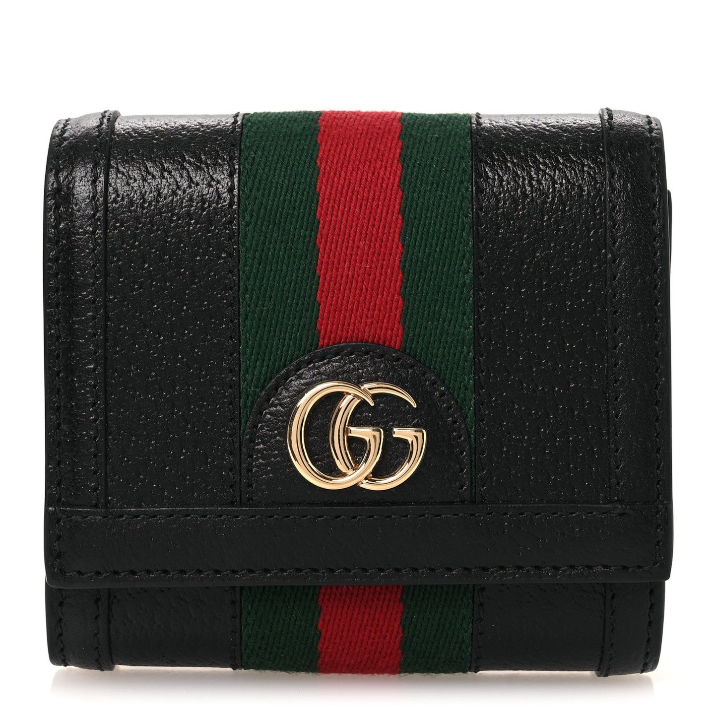 Textured Dollar Calfskin Web Ophidia Card Case Wallet Black