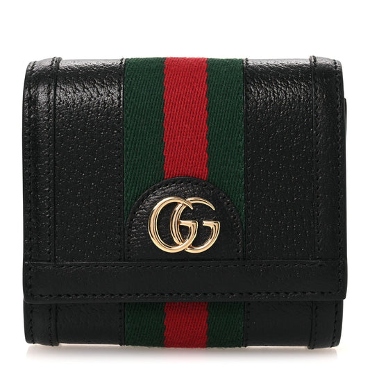 Textured Dollar Calfskin Web Ophidia Card Case Wallet Black
