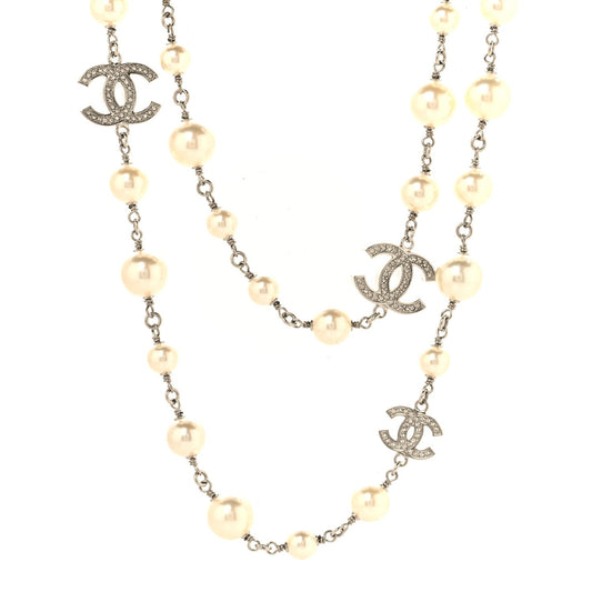 Graduated Pearl Crystal CC Long Necklace Silver