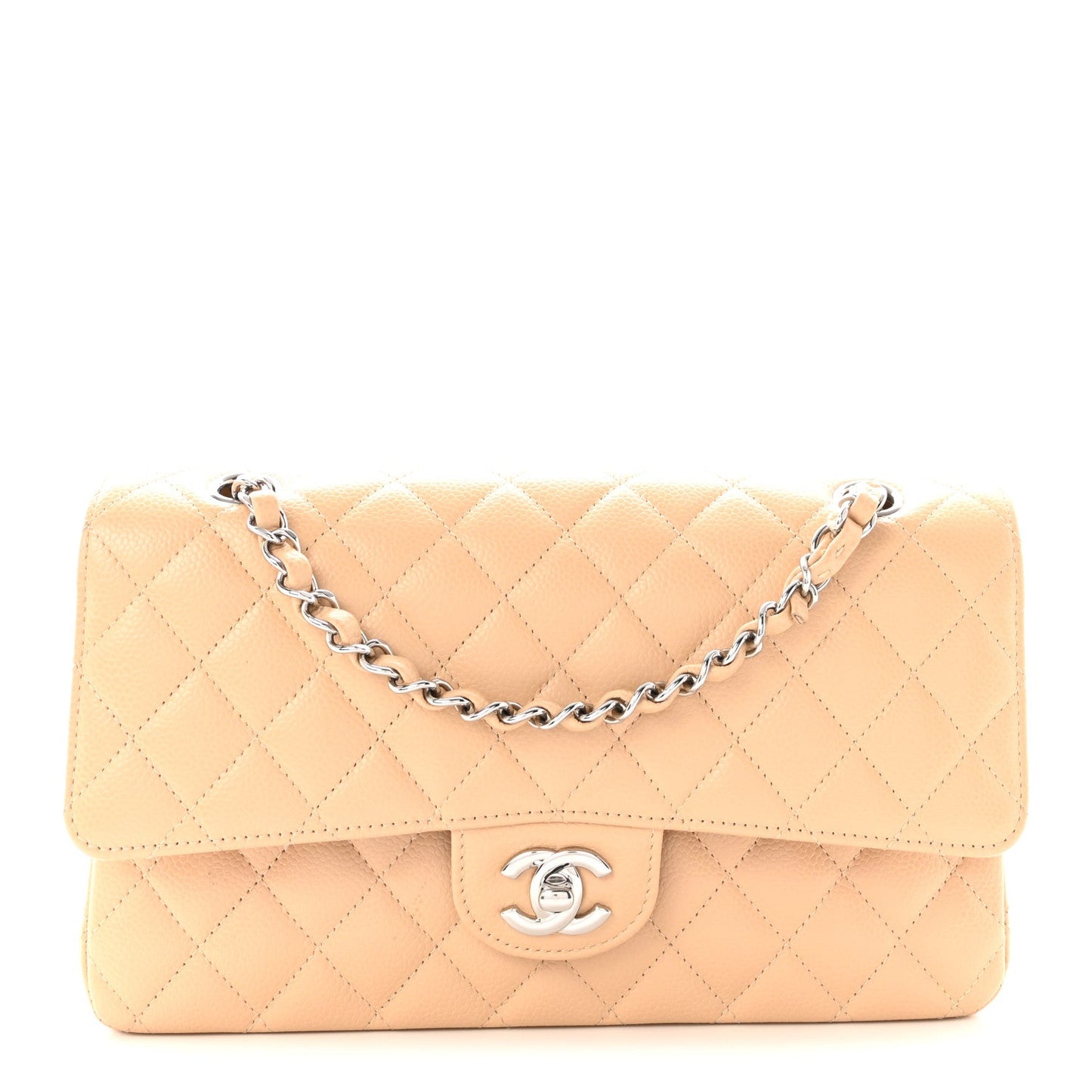 Caviar Quilted Medium Double Flap Beige