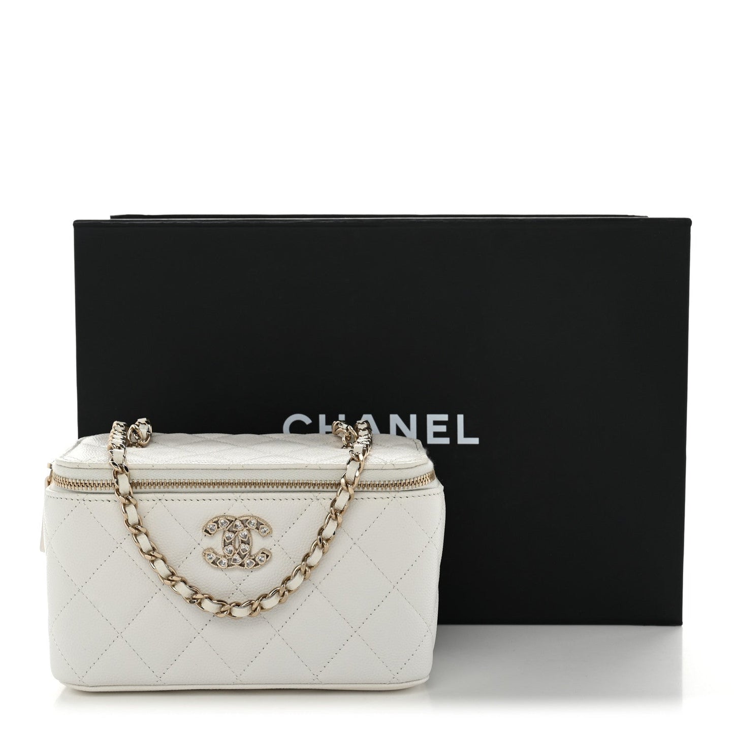 Caviar Quilted Crystal Hearts Small Vanity Case With Chain White