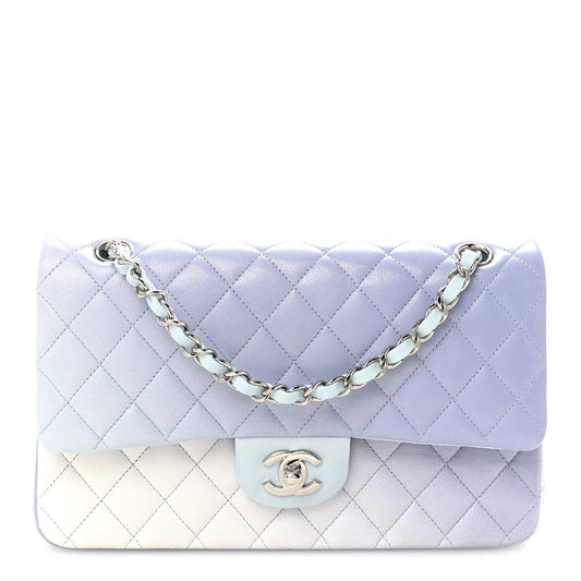 Perforated Lambskin Quilted Medium Double Flap Light Blue Light Purple White