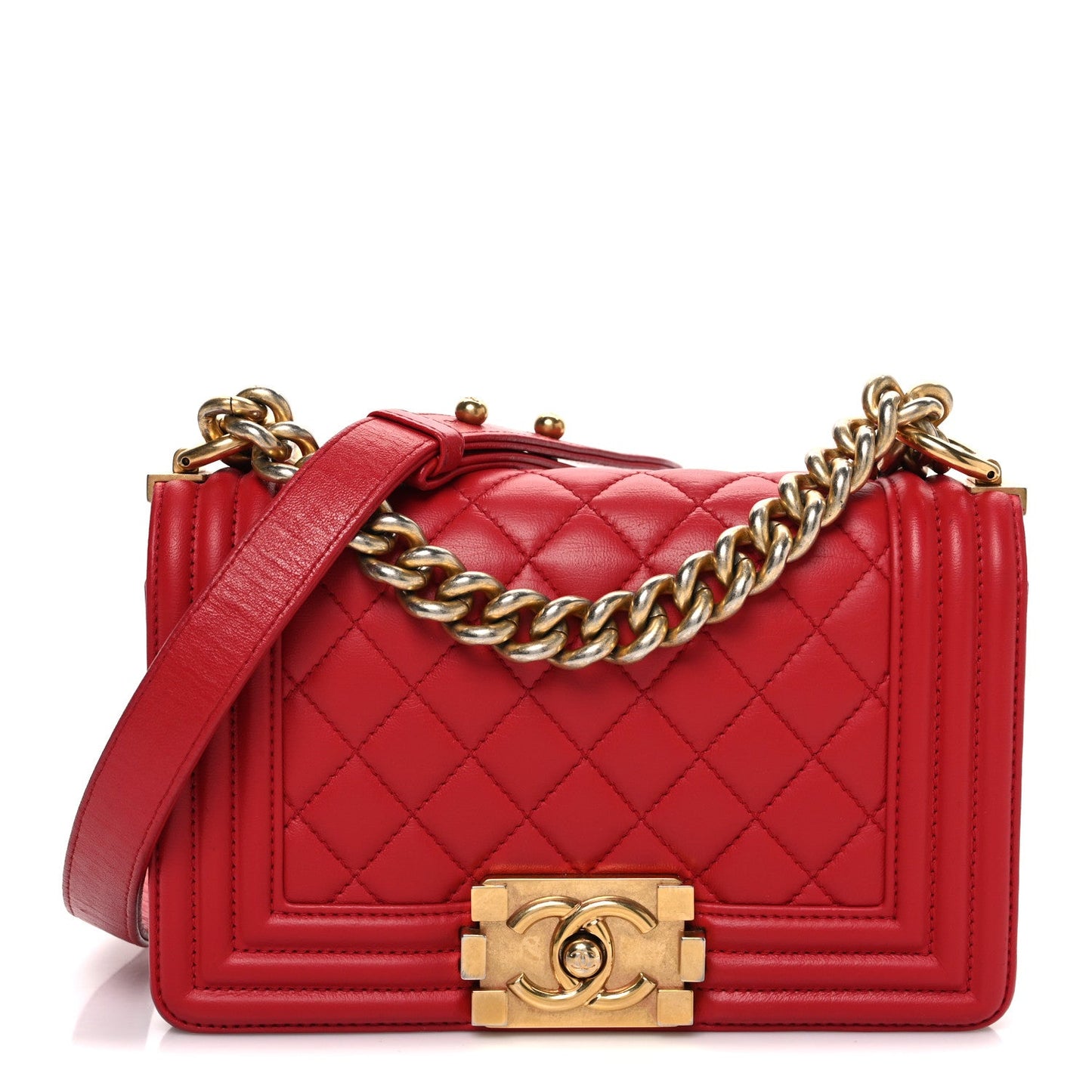 Lambskin Quilted Small Boy Flap Red