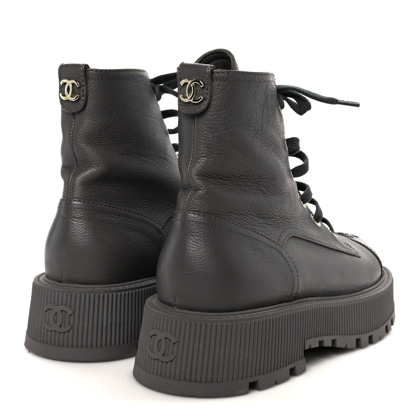 Grained Calfskin Shiny Calfskin CC Lace Up Combat Boots 41 Gray Black