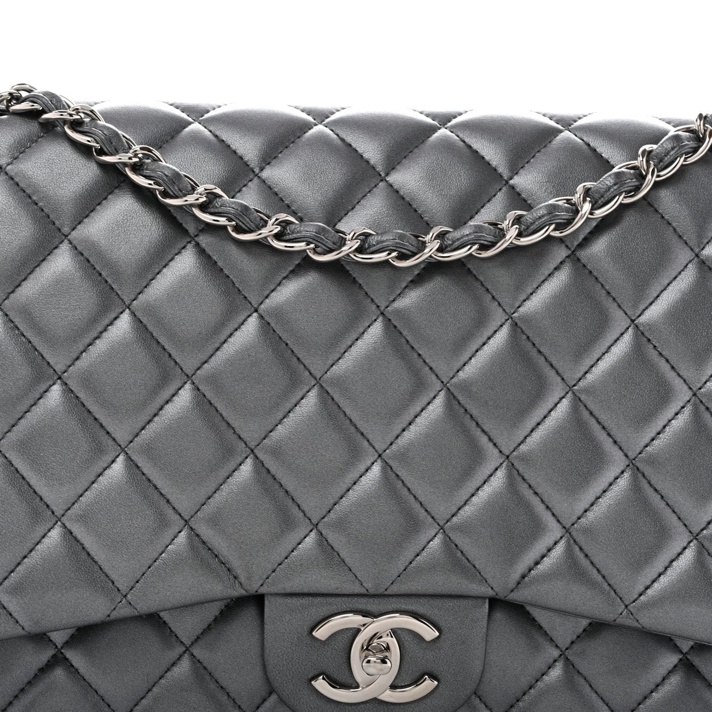 Metallic Lambskin Quilted Maxi Double Flap Pewter