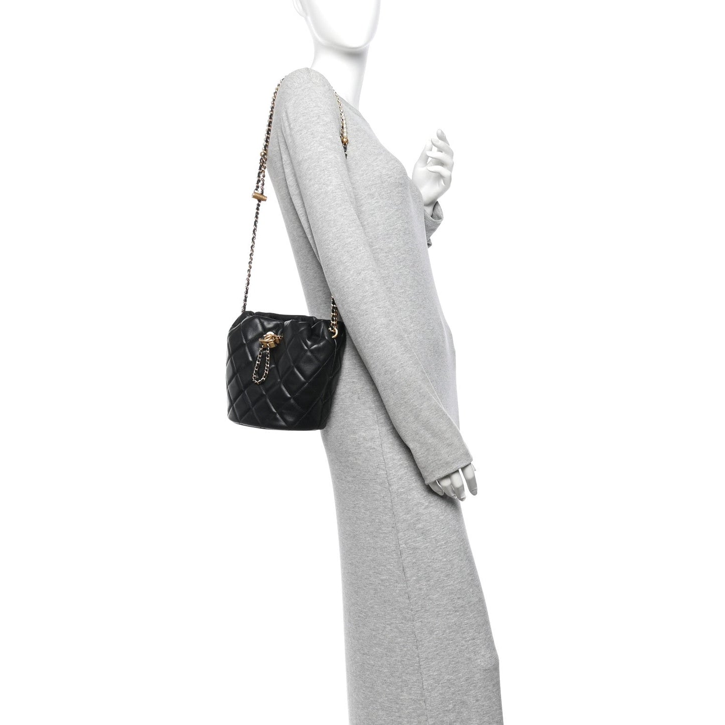 Lambskin Quilted My Perfect Chain Bucket Drawstring Bag Black