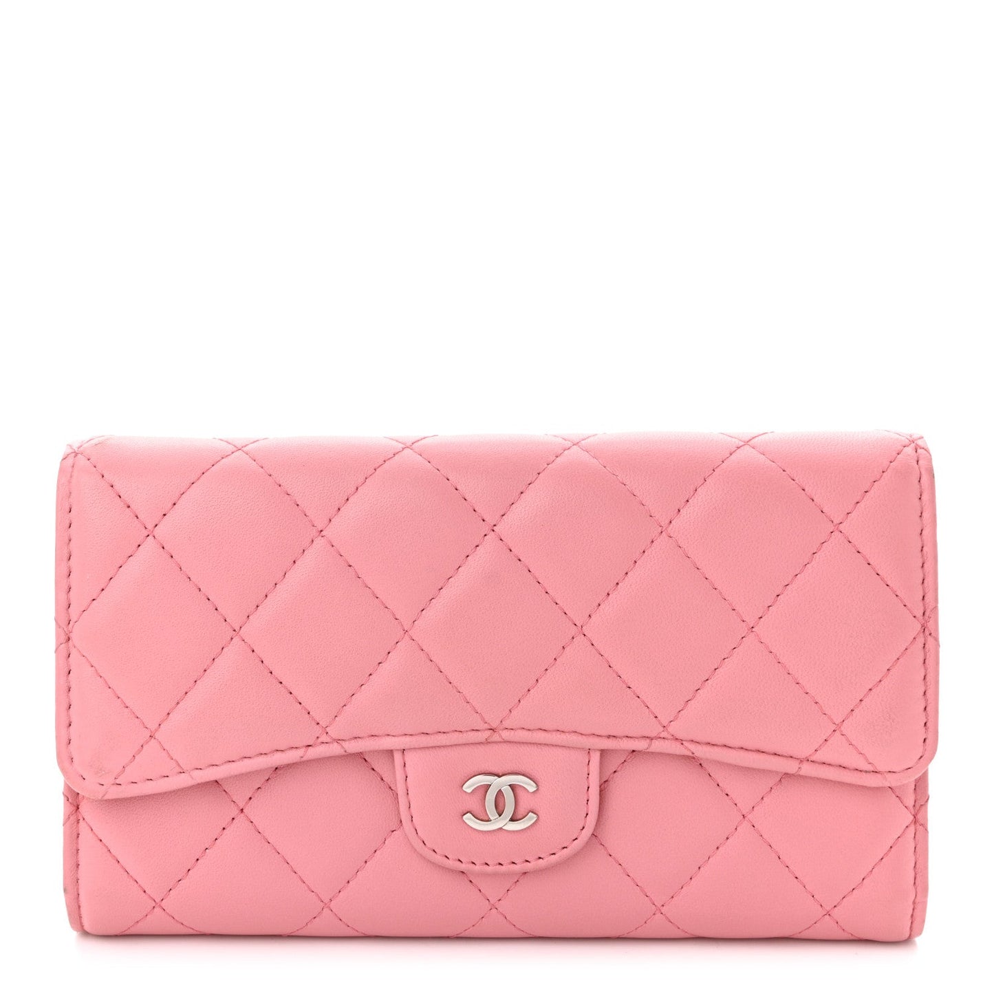 Lambskin Quilted Large Gusset Flap Wallet Pink