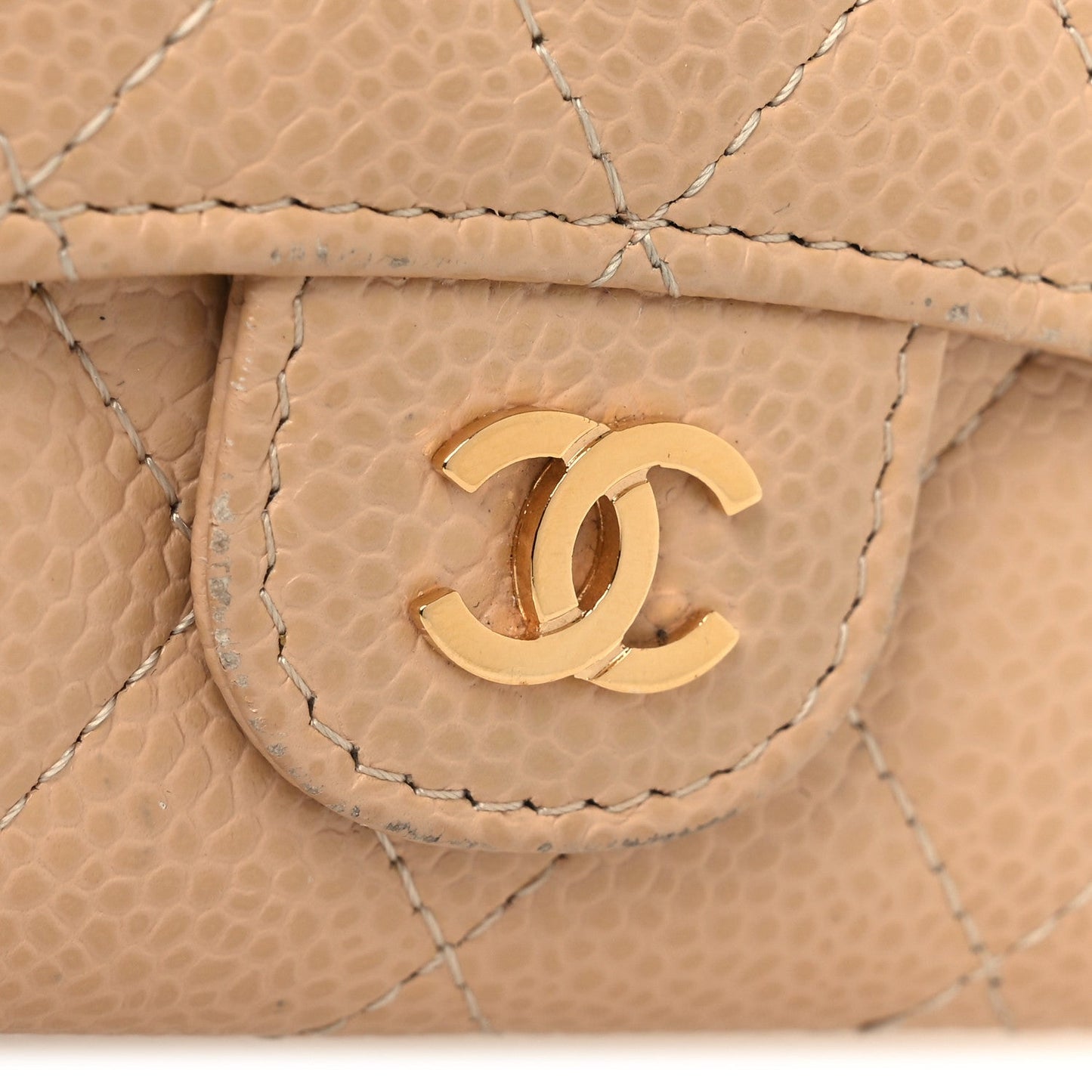 Caviar Quilted Flap Card Holder Wallet Beige
