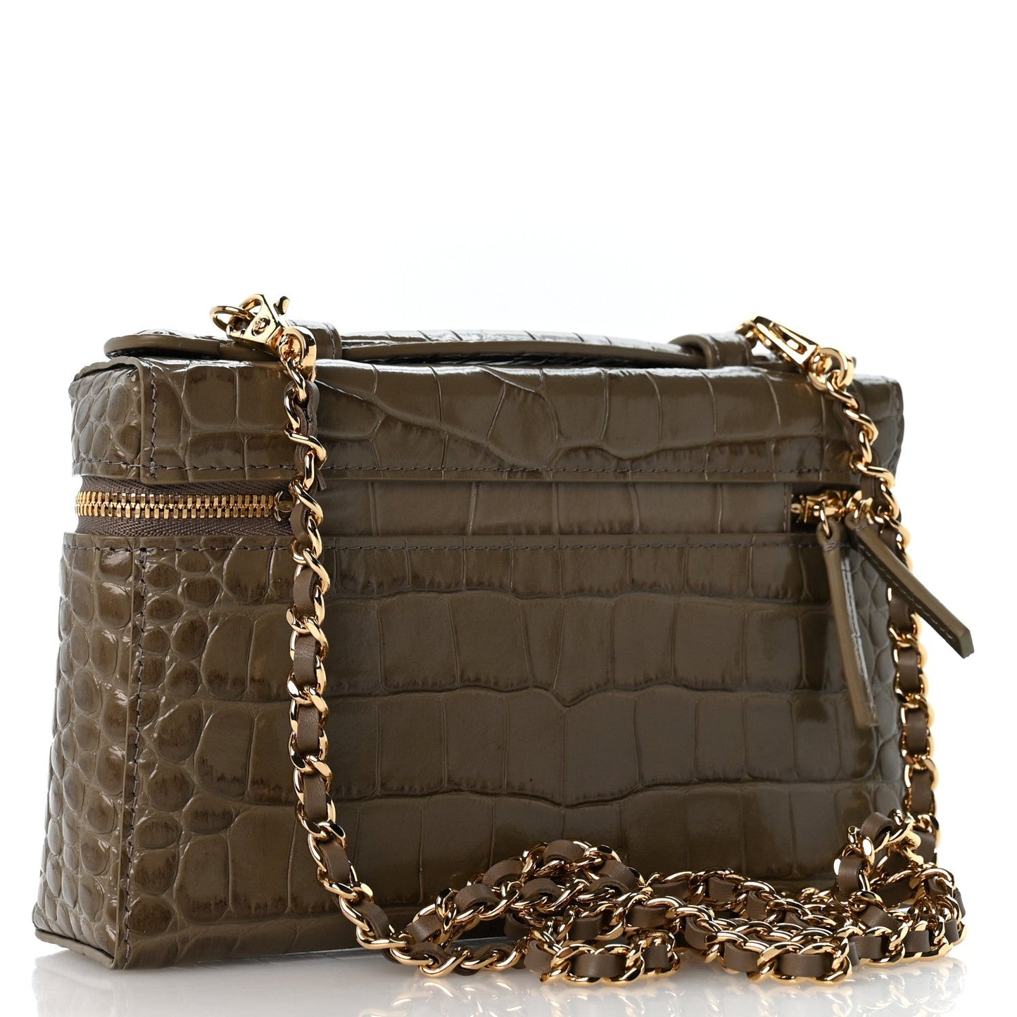 Calfskin Crocodile Embossed Top Handle Trapeze Small Vanity Case With Chain  Dark Khaki