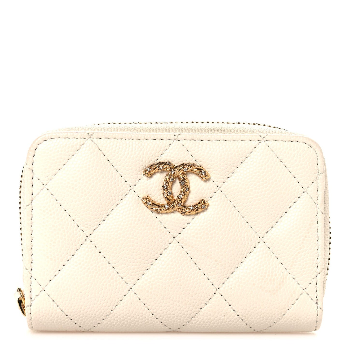 Caviar Quilted Crystal Zip Around Coin Purse Wallet  White