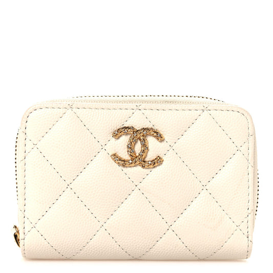 Caviar Quilted Crystal Zip Around Coin Purse Wallet  White