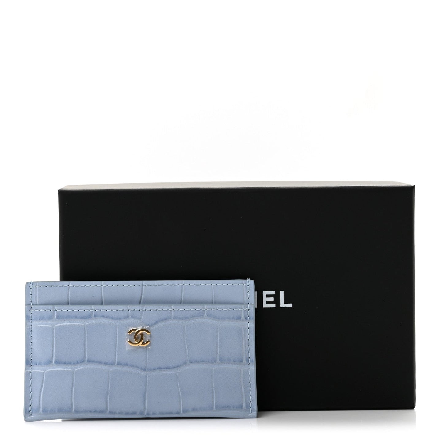 Calfskin Crocodile Embossed Crococo Card Holder Light Blue