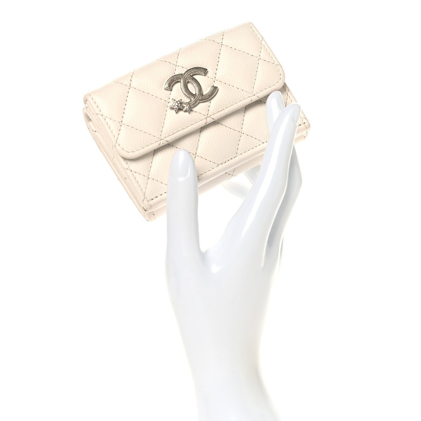 Caviar Quilted Crystal Star  Small Tri-Fold Flap Wallet White