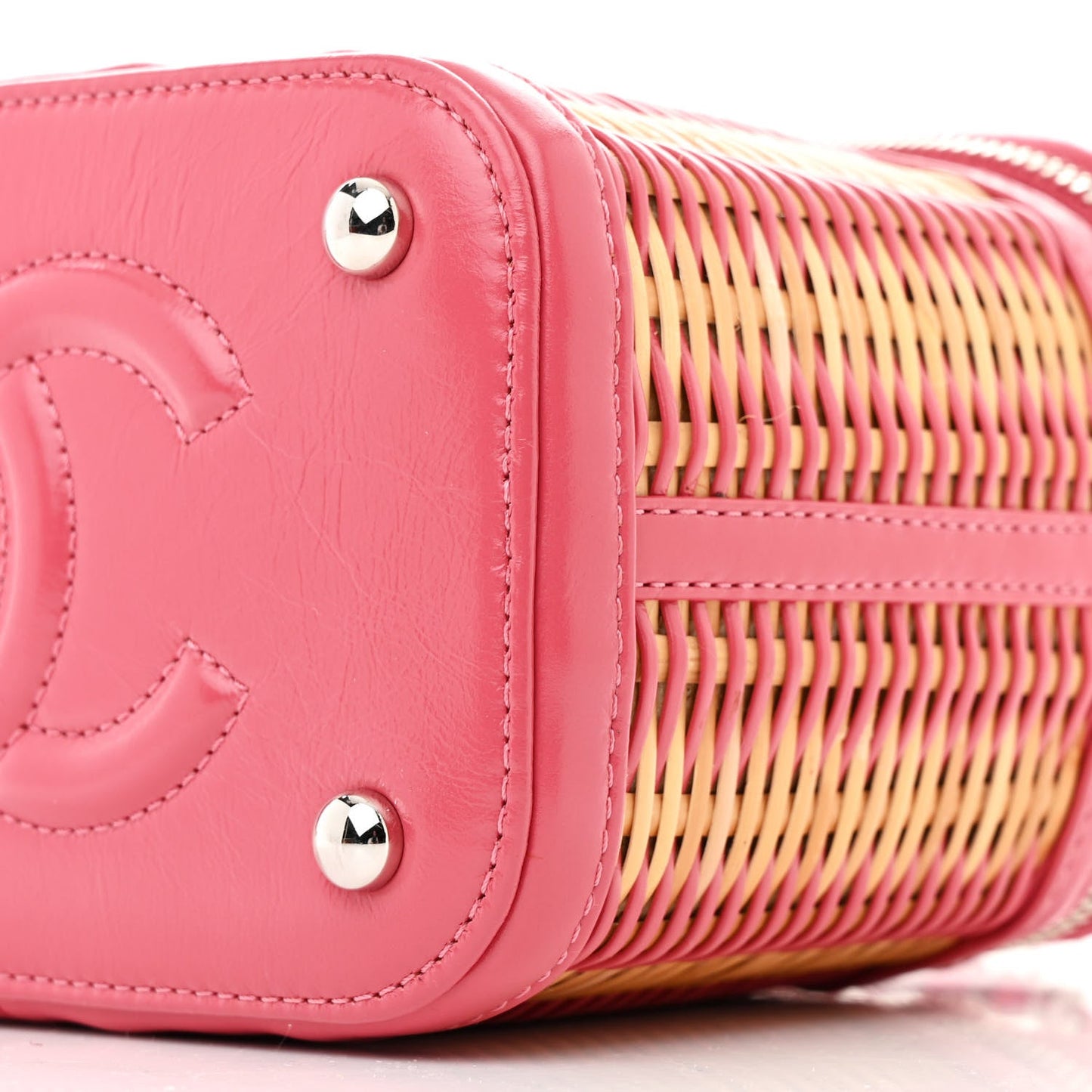 Calfskin Raffia Small Take Away Vanity Case Bag Pink Beige