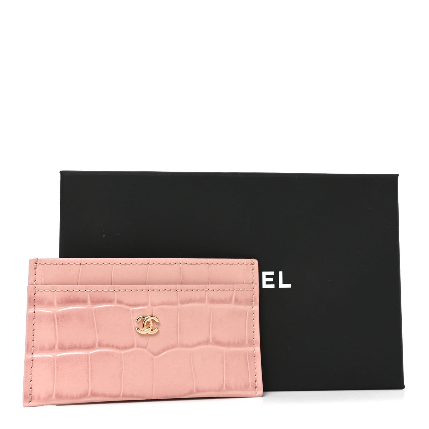 Calfskin Crocodile Embossed Crococo Card Holder Light Pink