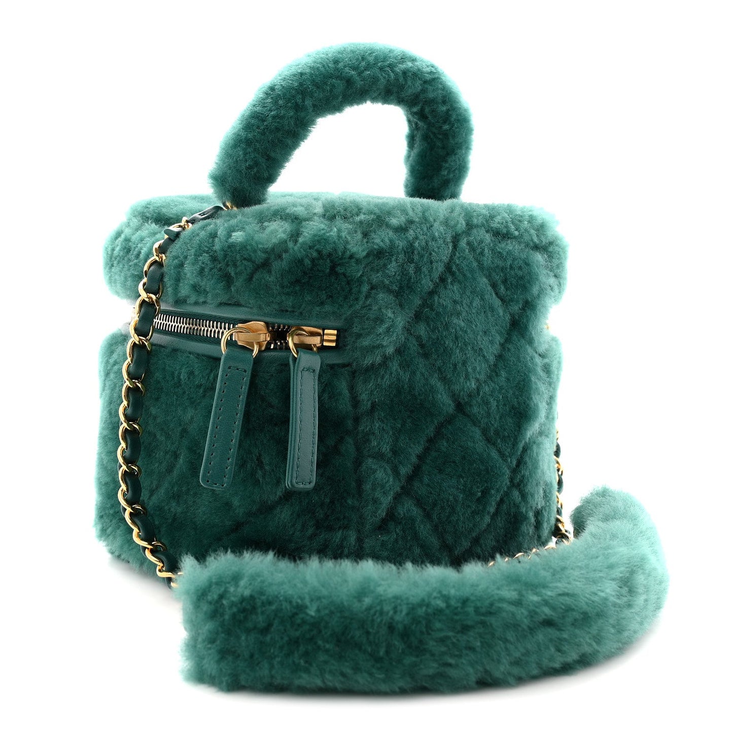 Shearling Lambskin Quilted Small Vanity Case Green