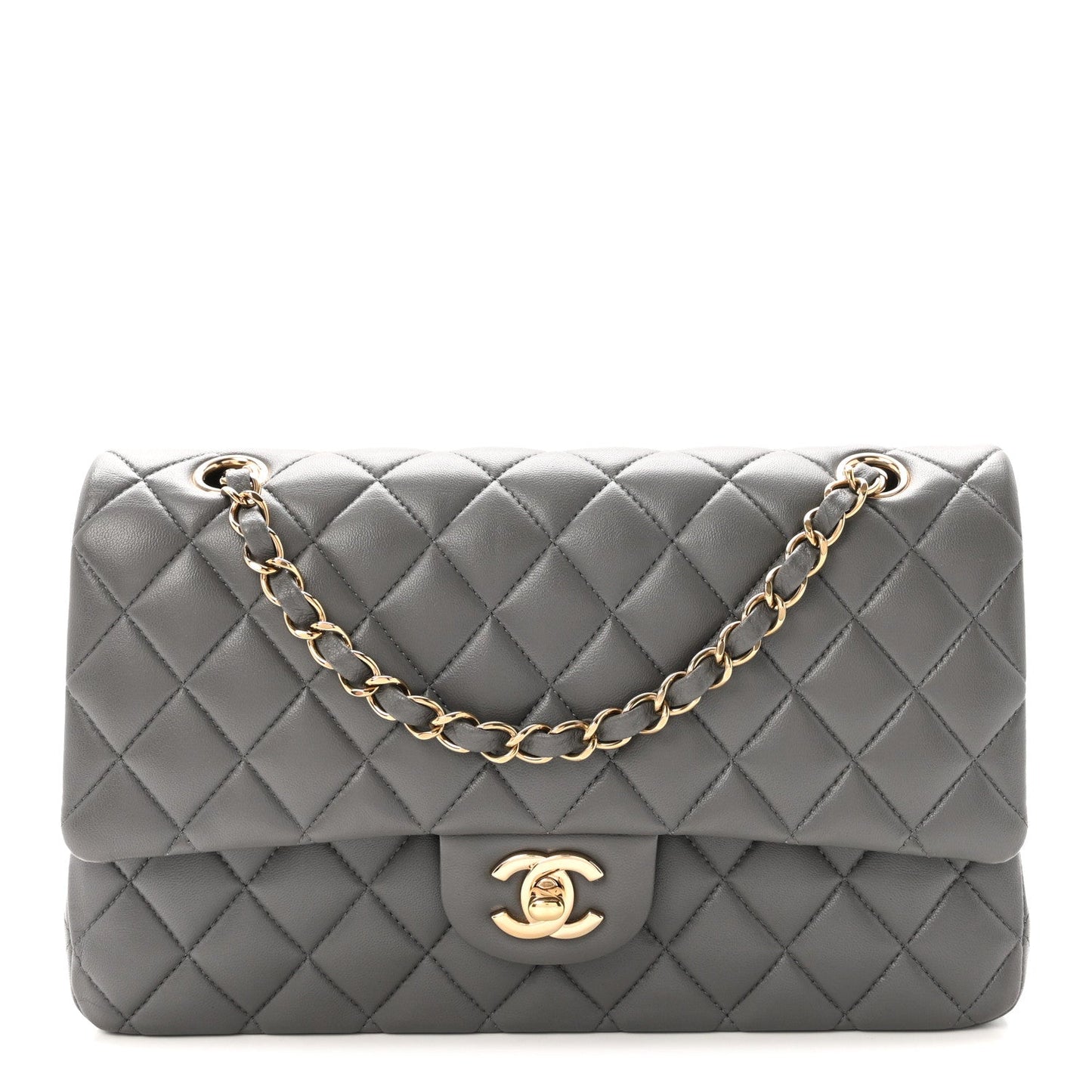 Lambskin Quilted Medium Double Flap Grey