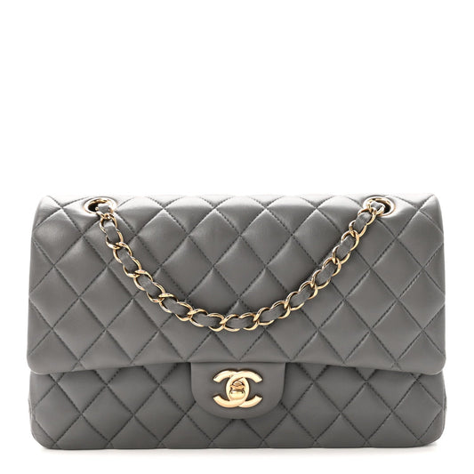 Lambskin Quilted Medium Double Flap Grey