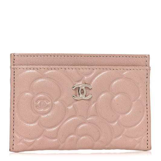 Goatskin Camellia Embossed Card Holder Light Pink