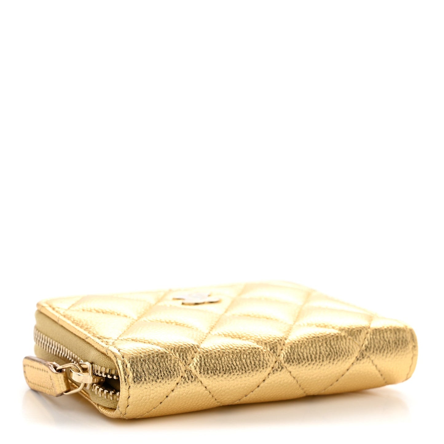 Metallic Caviar Quilted Zip Around Coin Purse Wallet  Gold