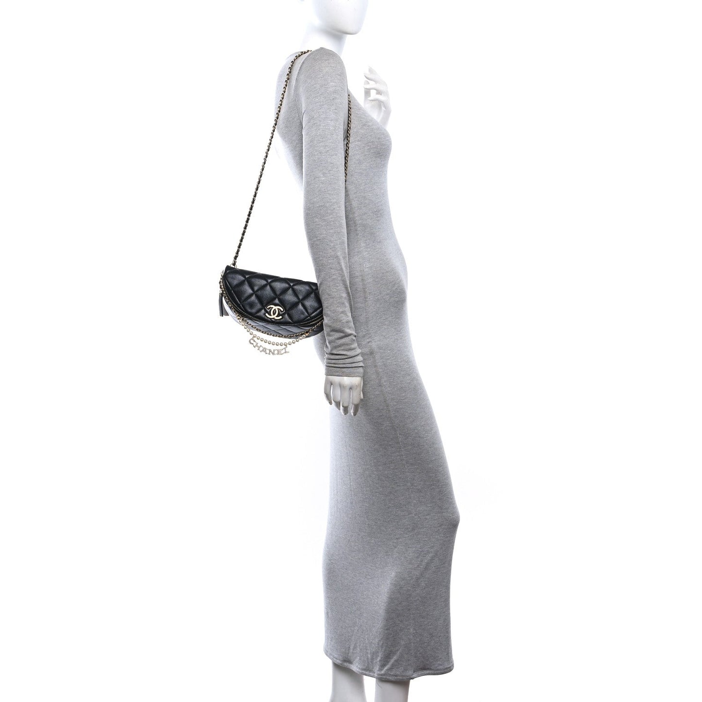 Shiny Lambskin Quilted Pearl Logo Waist Bag Black