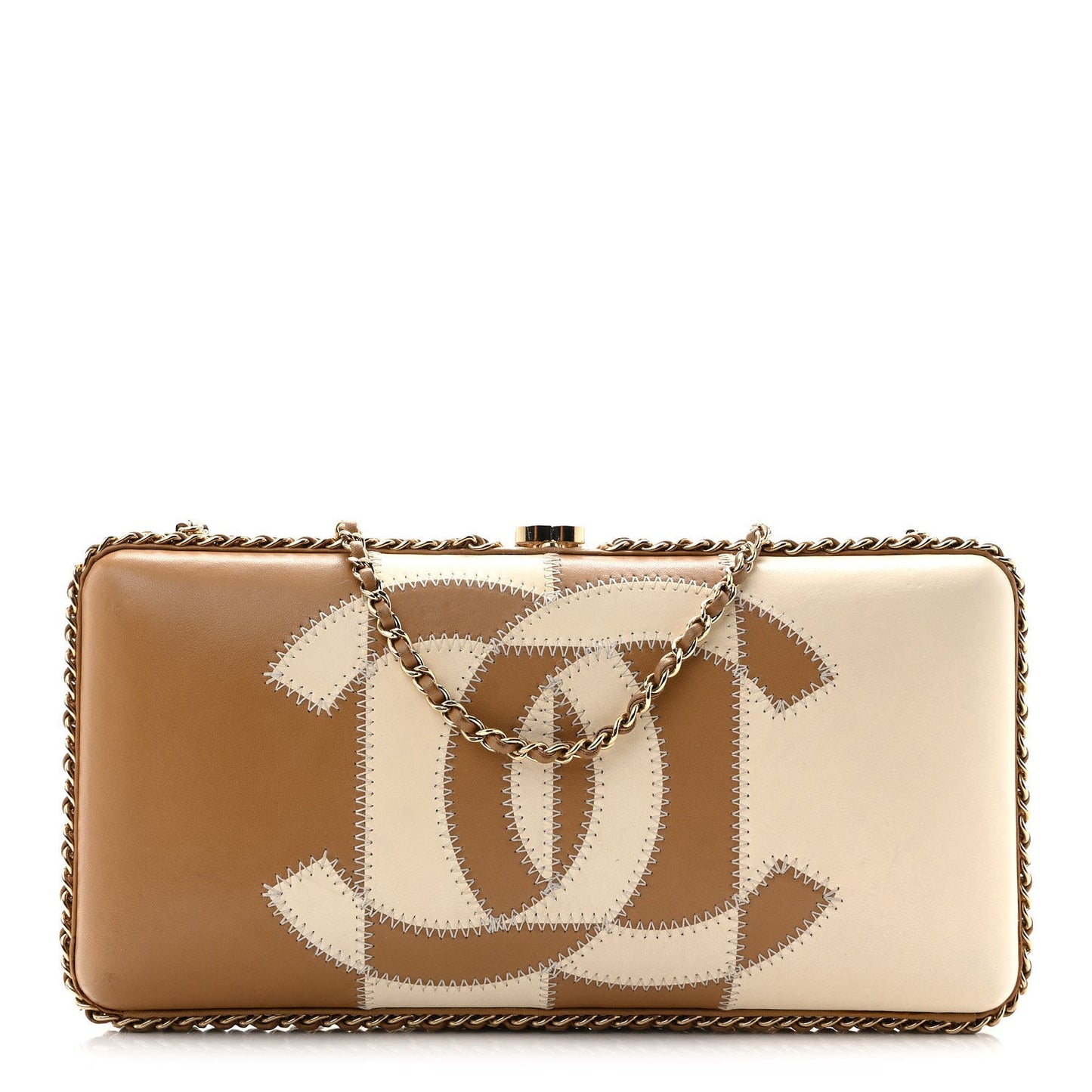 Lambskin CC Stitch Chain Around Clutch  Beige White