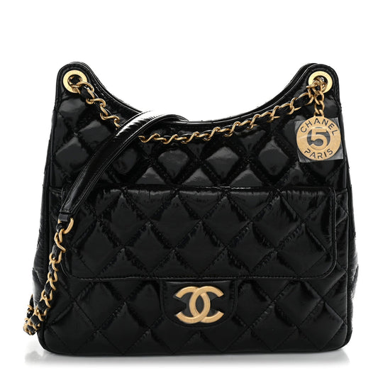 Shiny Crumpled Calfskin Quilted Wavy CC Hobo Black